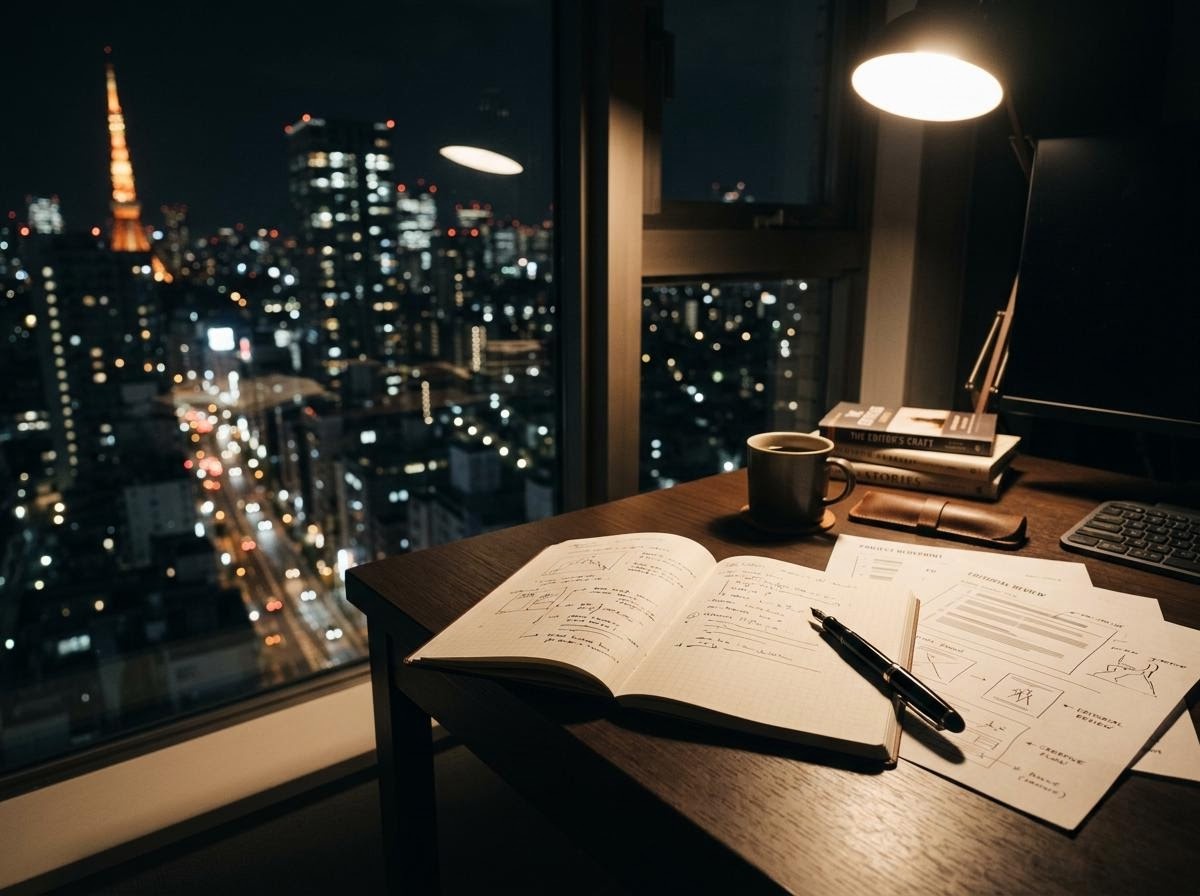 編集室のデスクに広げられた資料とスタンドライト