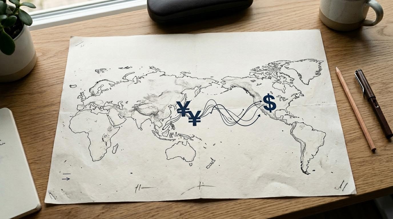 為替レート画面と日本企業の地図