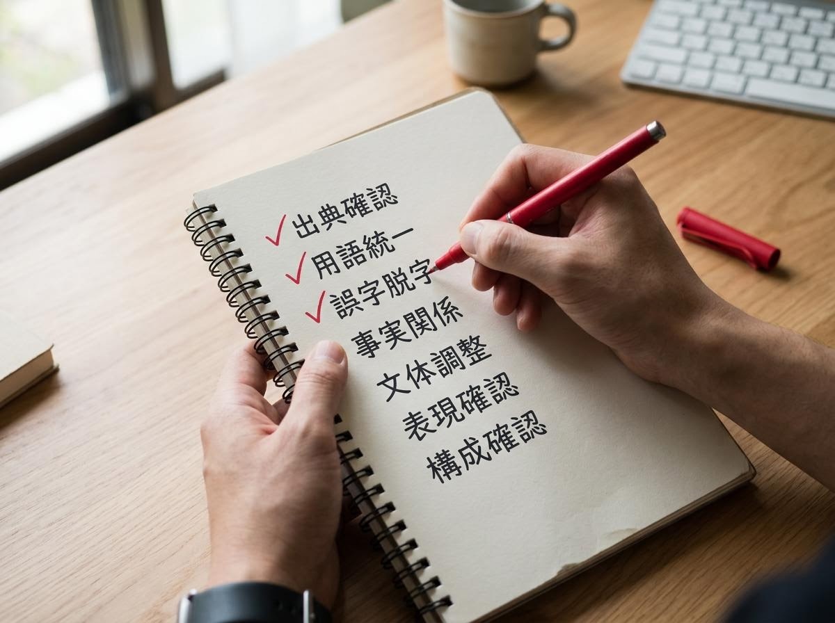 編集チェックリストに赤ペンを走らせる様子