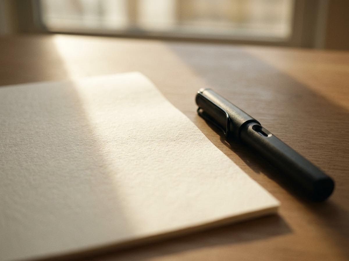 紙面と万年筆に朝の光が差すデスク